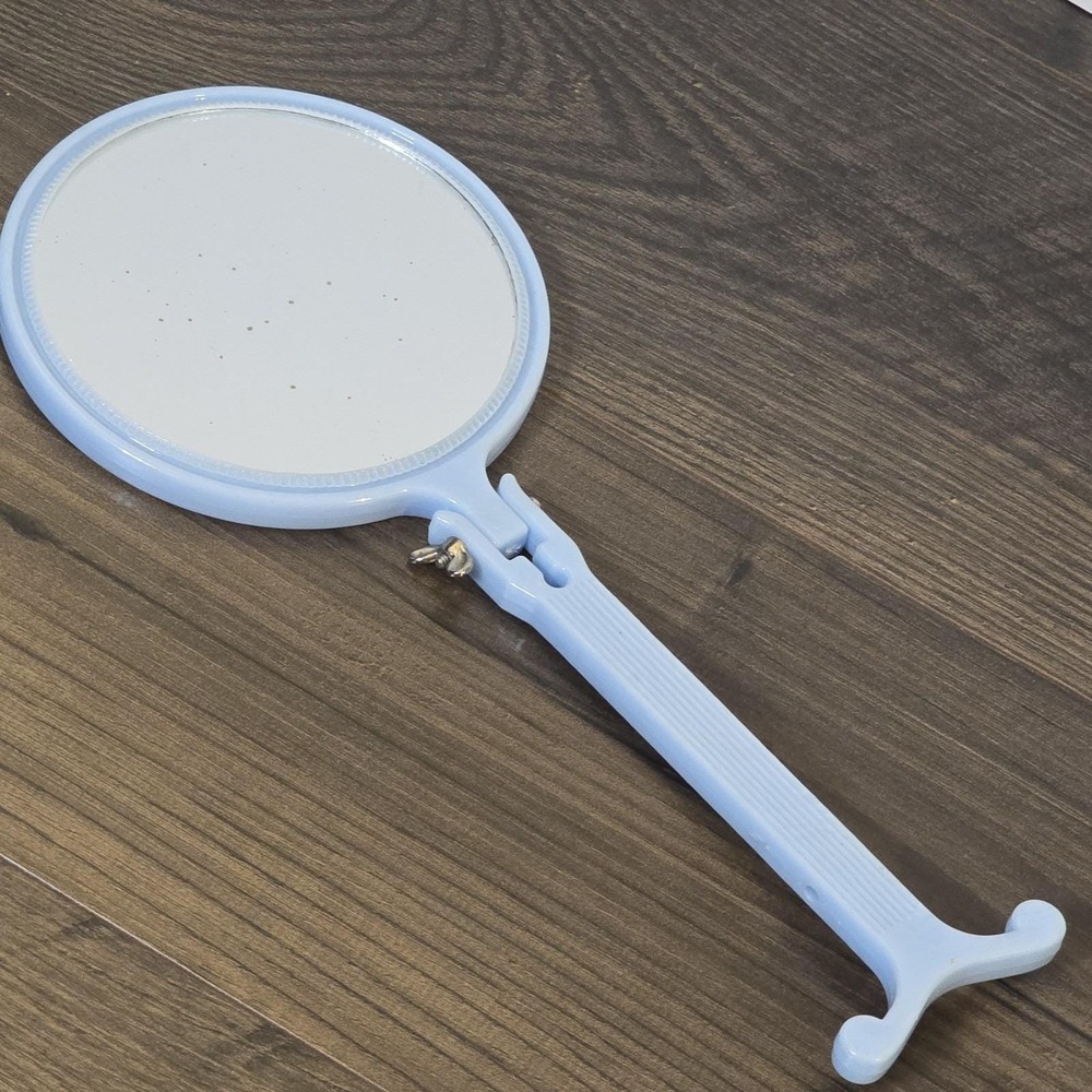 Vintage Light Blue Handheld Mirror Plastic Double-sided Adjustable Made in USA